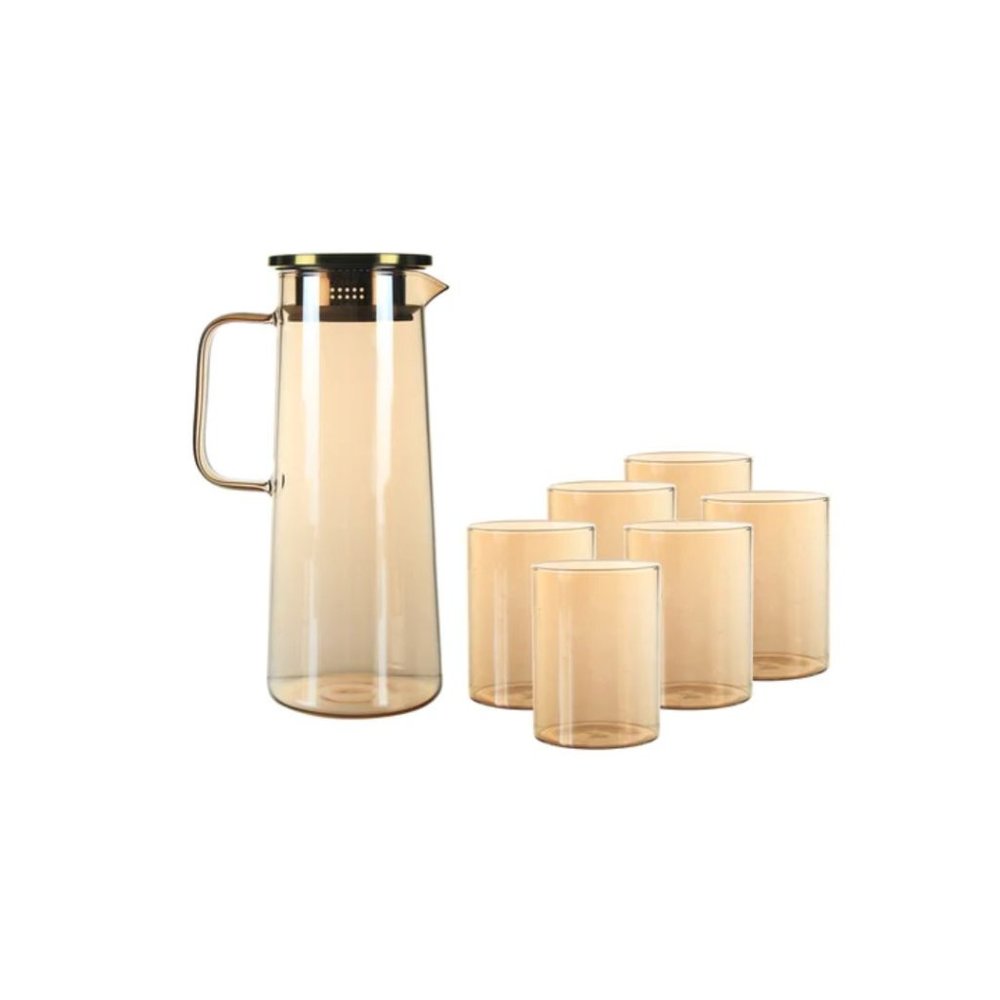 7 Piece Glass Pitcher Set (with Straining Lid, Handle) and 6 Glasses - AMBER